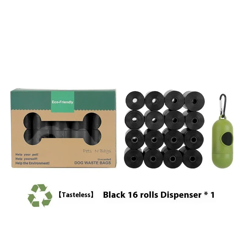 Degradable pet waste bags in green, black, blue, purple and orange colours with dispenser