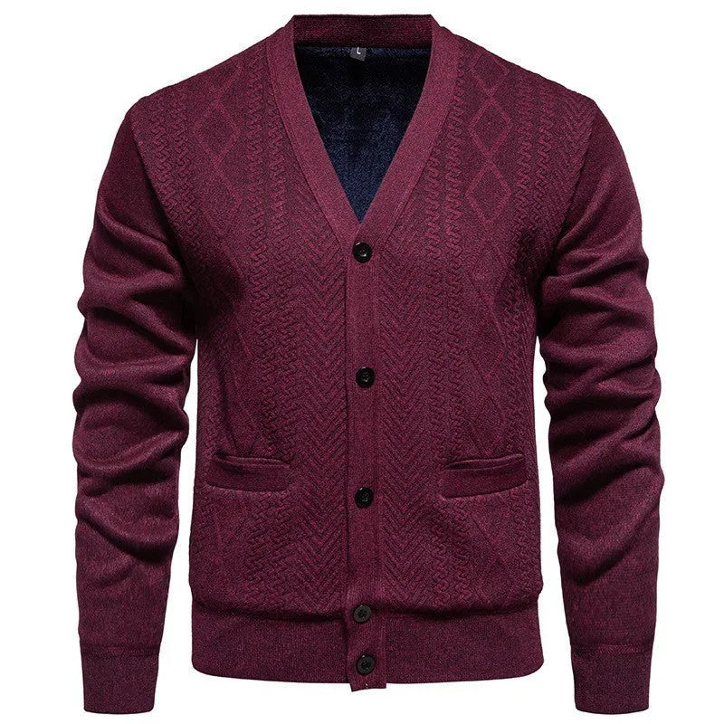 Men's long-sleeved striped cardigan sweater with wool lining in brown, gray, or red
