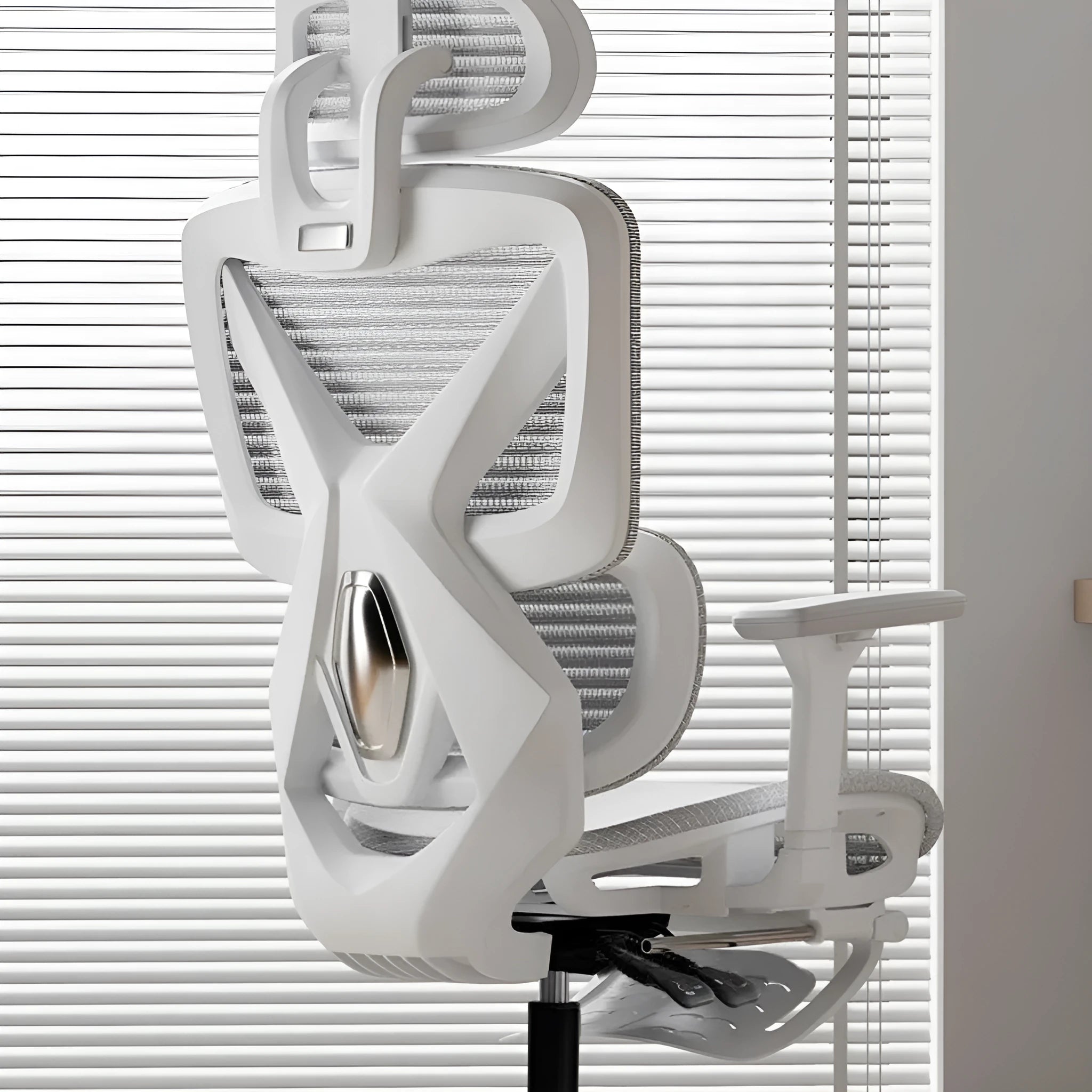 Black frame mesh ergonomic gaming chair with 4D armrests and aluminium alloy foot on a home office floor