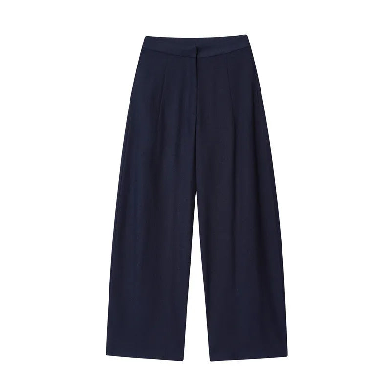 Women's two-piece set with off-neck flounced sleeve top and wide leg trousers in blended polyester fabric