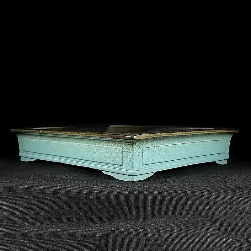 Handmade retro green ceramic bonsai pot with purple sand crackled glaze finish