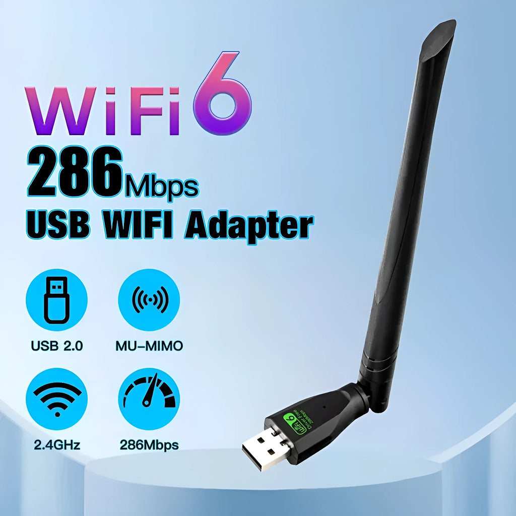Black USB WiFi 6 wireless network adapter with driver-free installation for computers.