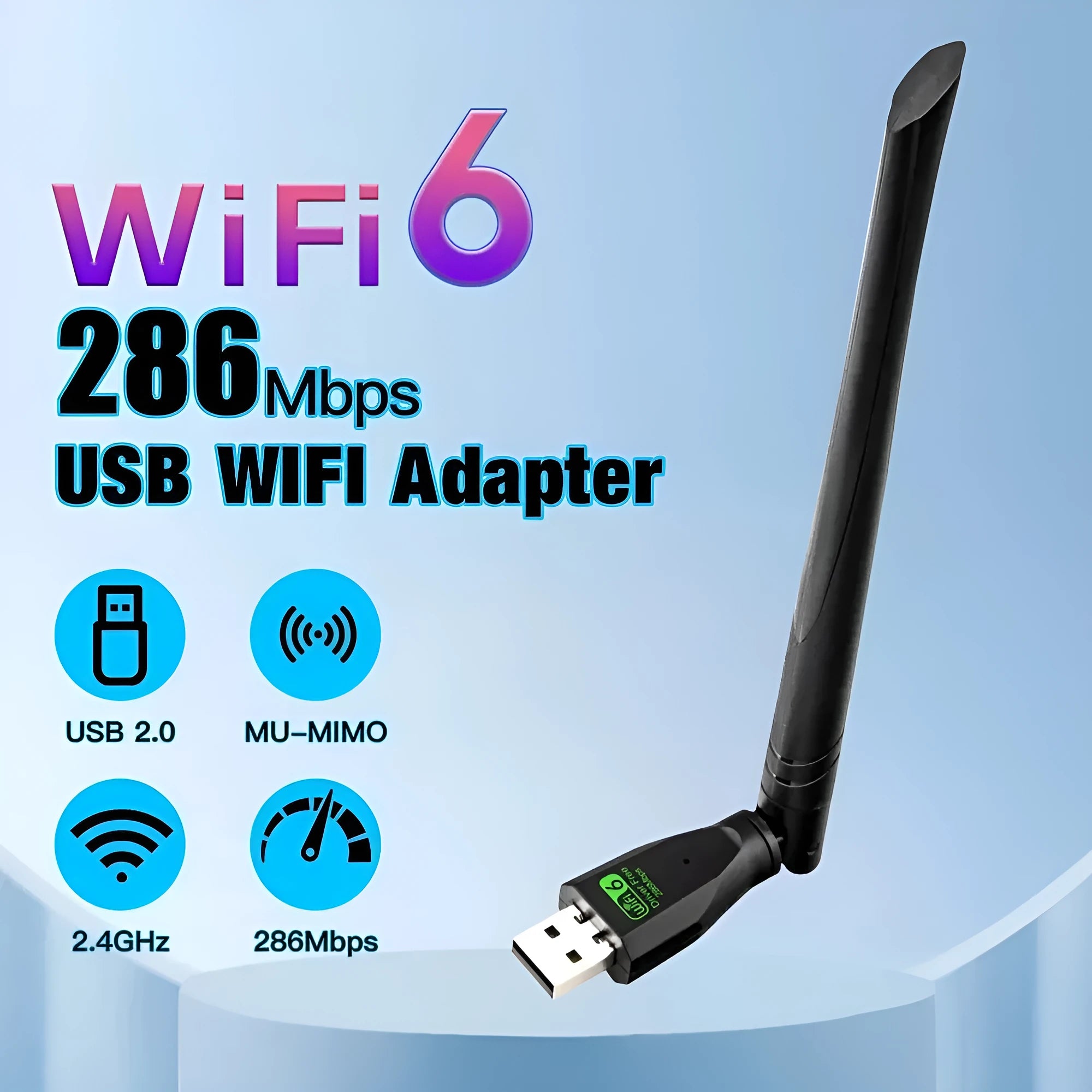 Black USB WiFi 6 wireless network adapter with driver-free installation for computers.