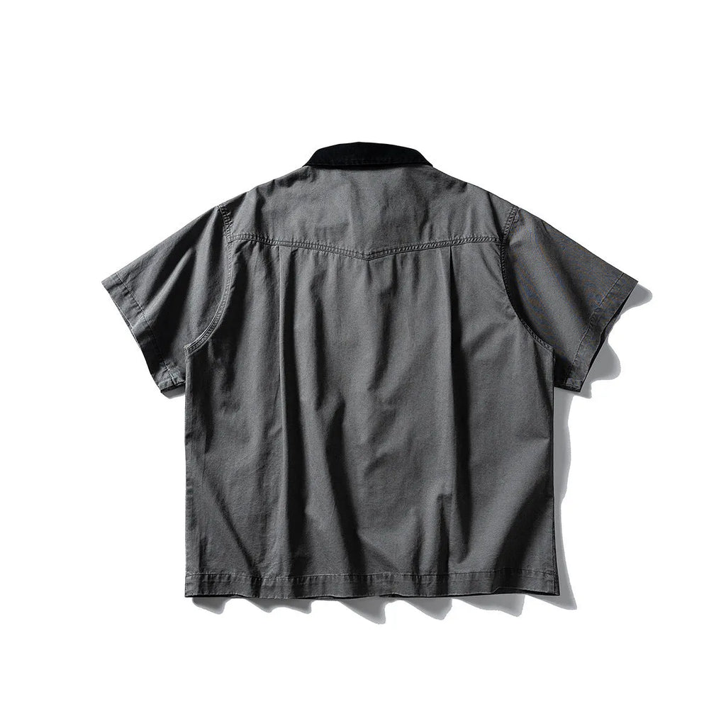 Men's washed cotton overall shirt with short sleeves in loose fit cardigan style, shown in khaki colour
