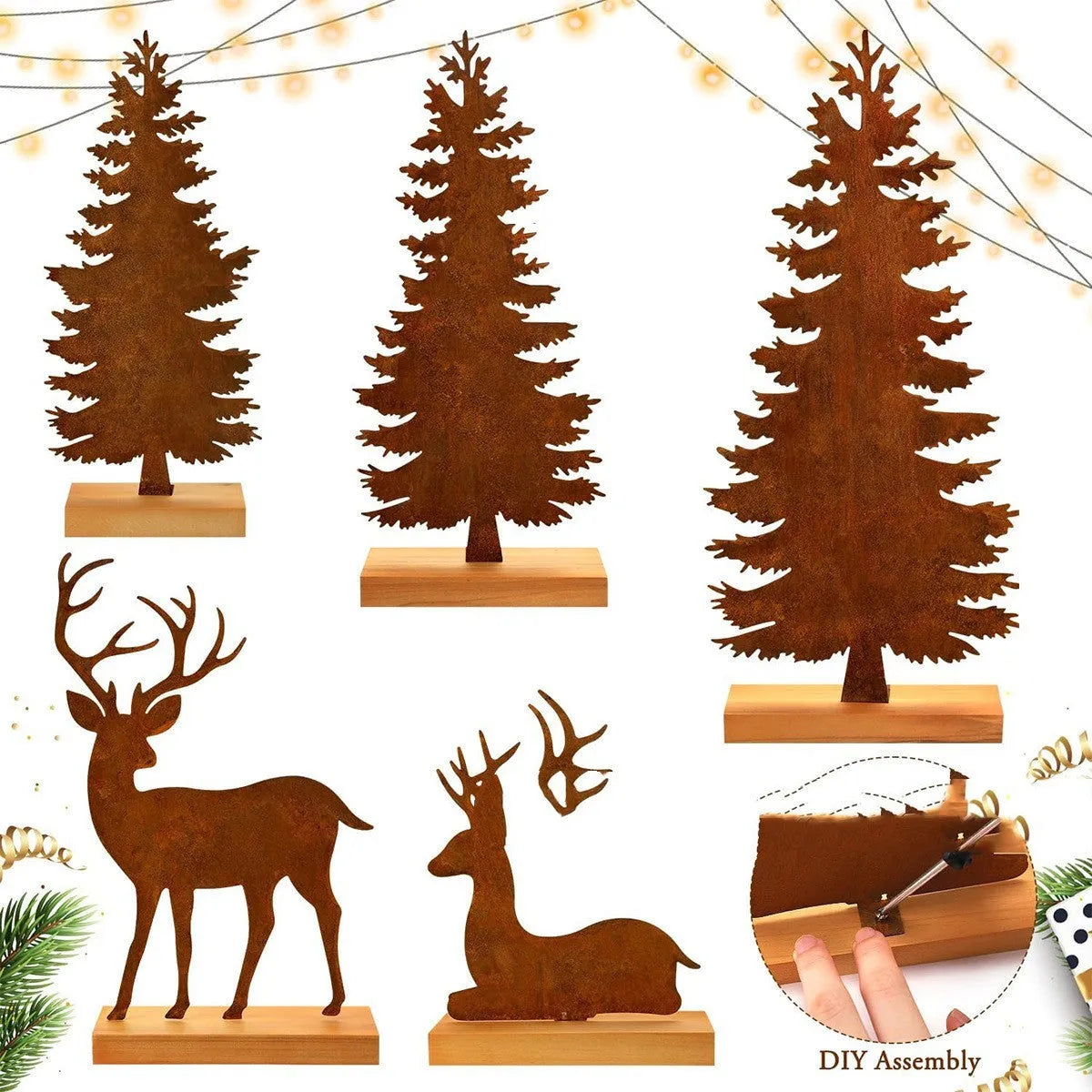 Set of three rustic metal Christmas tree ornaments featuring elk designs in weathered iron finish.