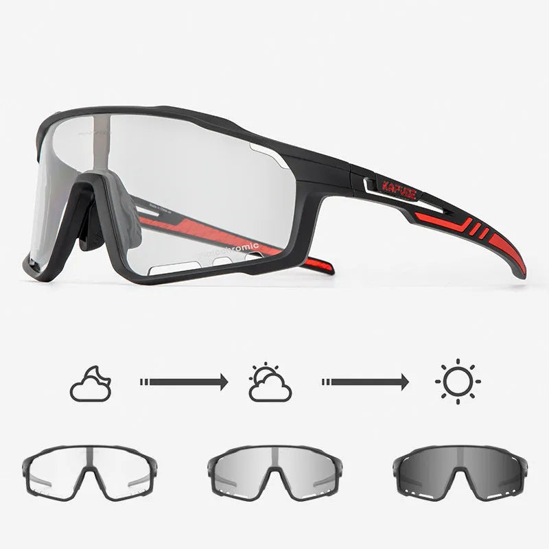 TR90 semi-rimless cycling sunglasses with photochromic lenses, shown in multiple colour options.