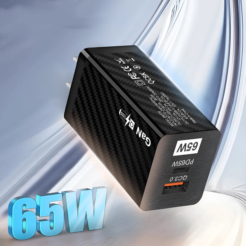 65W gallium nitride universal laptop charger with compact design and EU plug