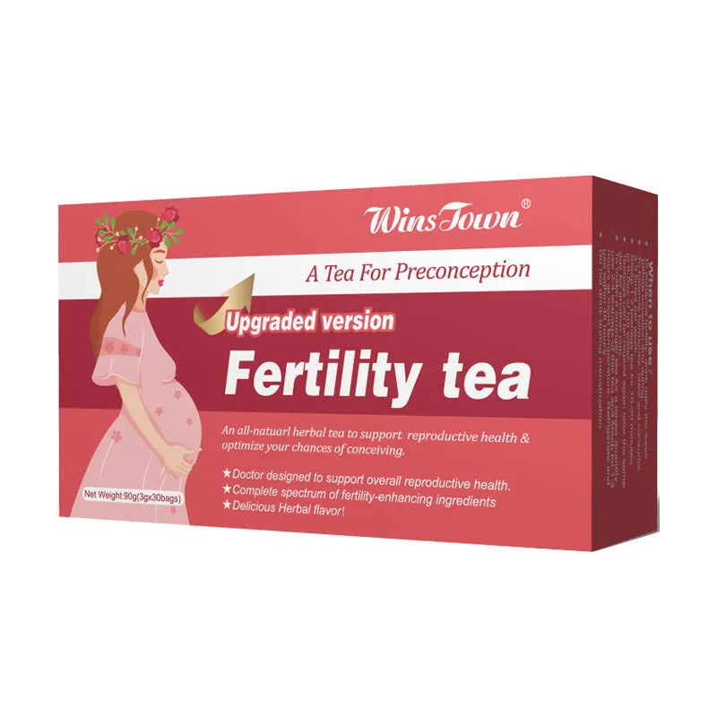 Fertility tea box containing 3 packs of 30 herbal tea bags for reproductive wellness support