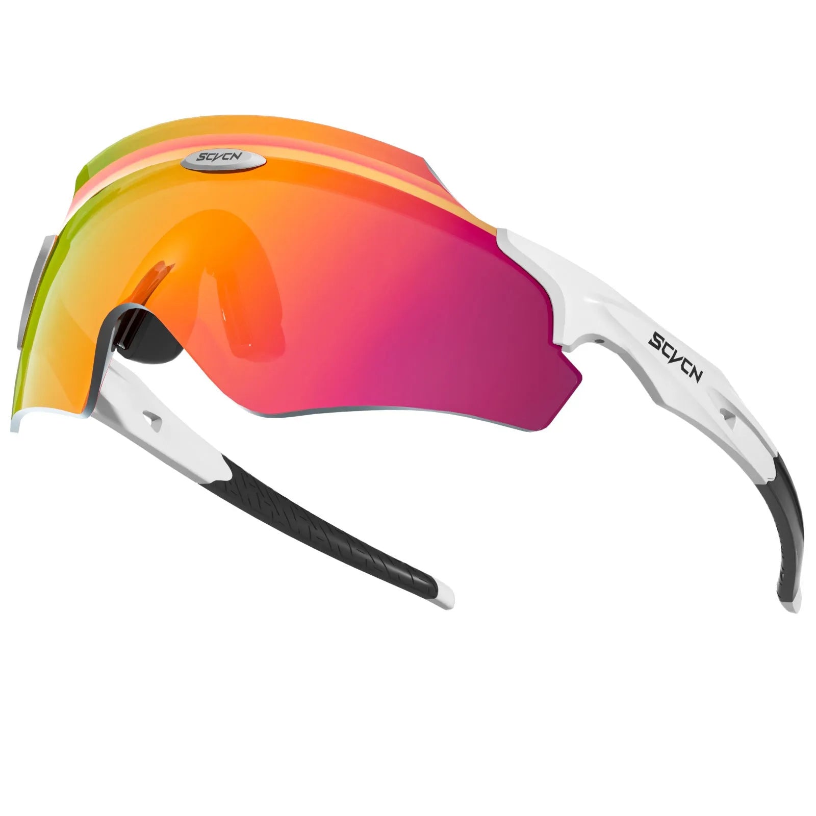 Frameless windproof sports goggles with a colourful integrated lens, shown in multiple style colours.