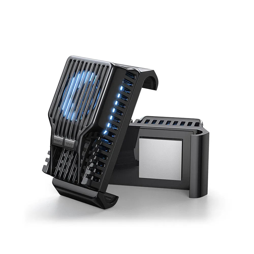 Black mobile phone cooling radiator with aluminium heatsink and clip, shown with USB cable.
