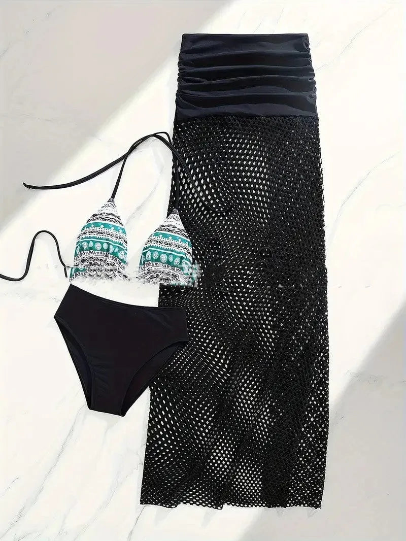 Women's gradient fishnet long skirt bikini three-piece set in European-American style