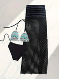 Women's gradient fishnet long skirt bikini three-piece set in European-American style