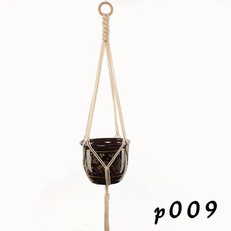 Woven wire plant hanger with cotton rope and jute twine in multiple style configurations