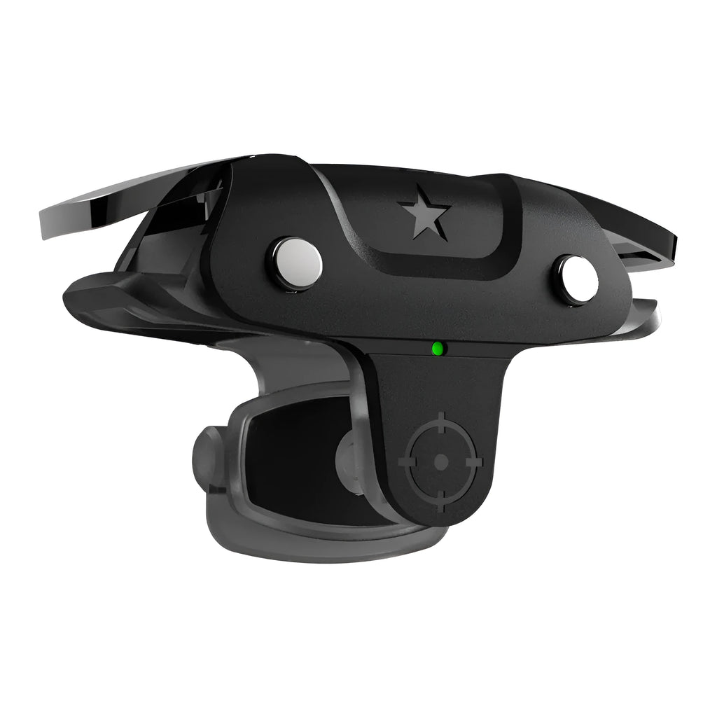 Black F5 mobile game controller joystick for smartphones on a white background.