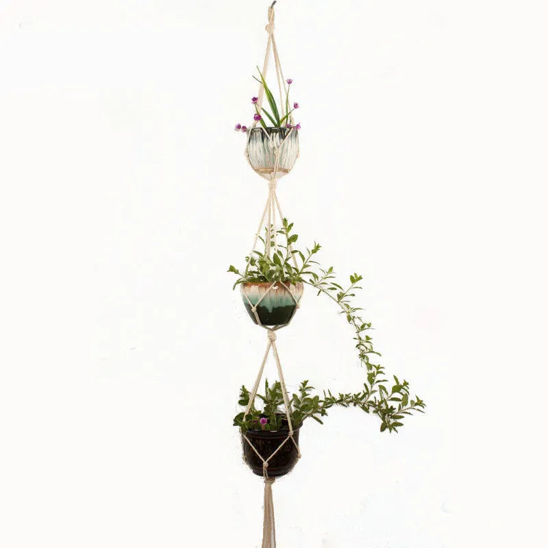 Woven wire plant hanger with cotton rope and jute twine in multiple style configurations