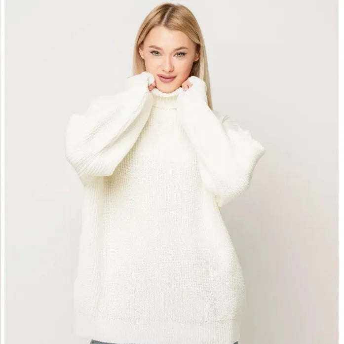 Women's high neck pullover sweater in imitation cashmere, shown in a solid colour with a textured 3D pattern.
