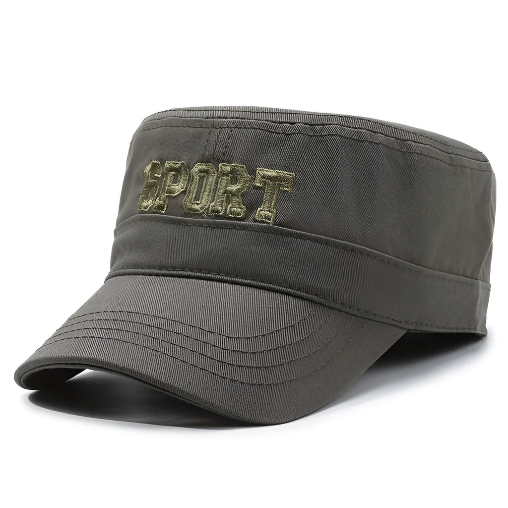 Men's flat-top cotton peaked cap in army green colour with adjustable strap.