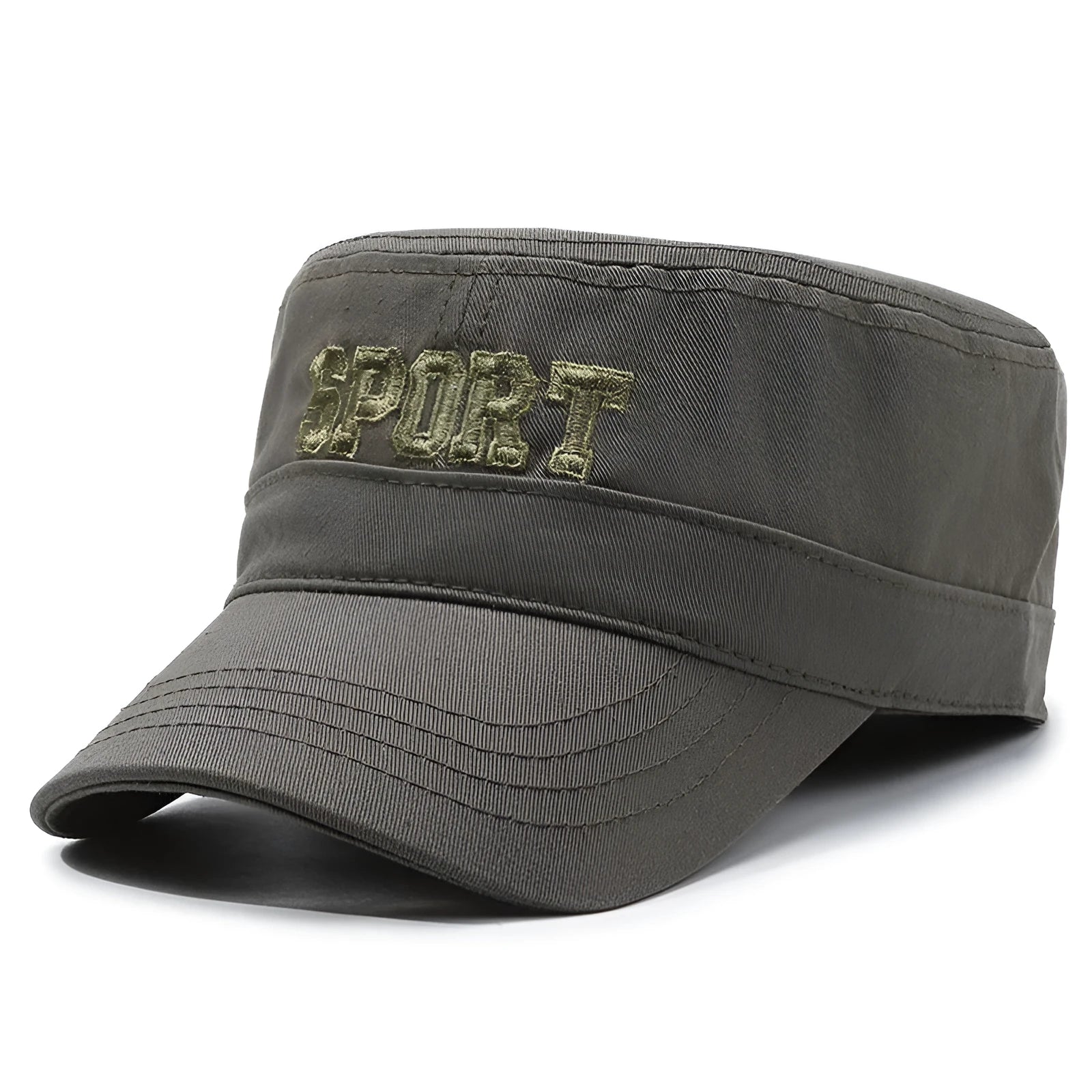 Men's flat-top cotton peaked cap in army green colour with adjustable strap.