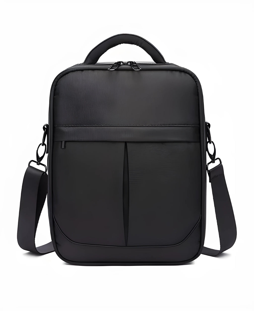 Black Oxford fabric men's shoulder messenger bag showing front and side profile.