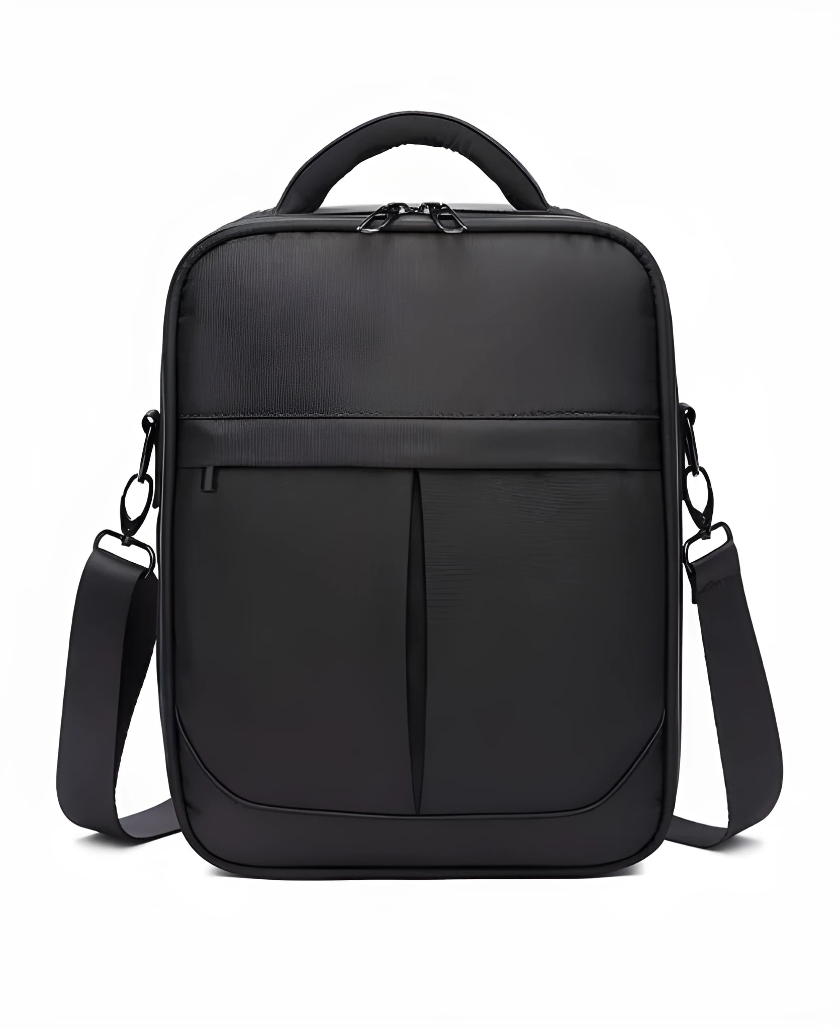 Black Oxford fabric men's shoulder messenger bag showing front and side profile.