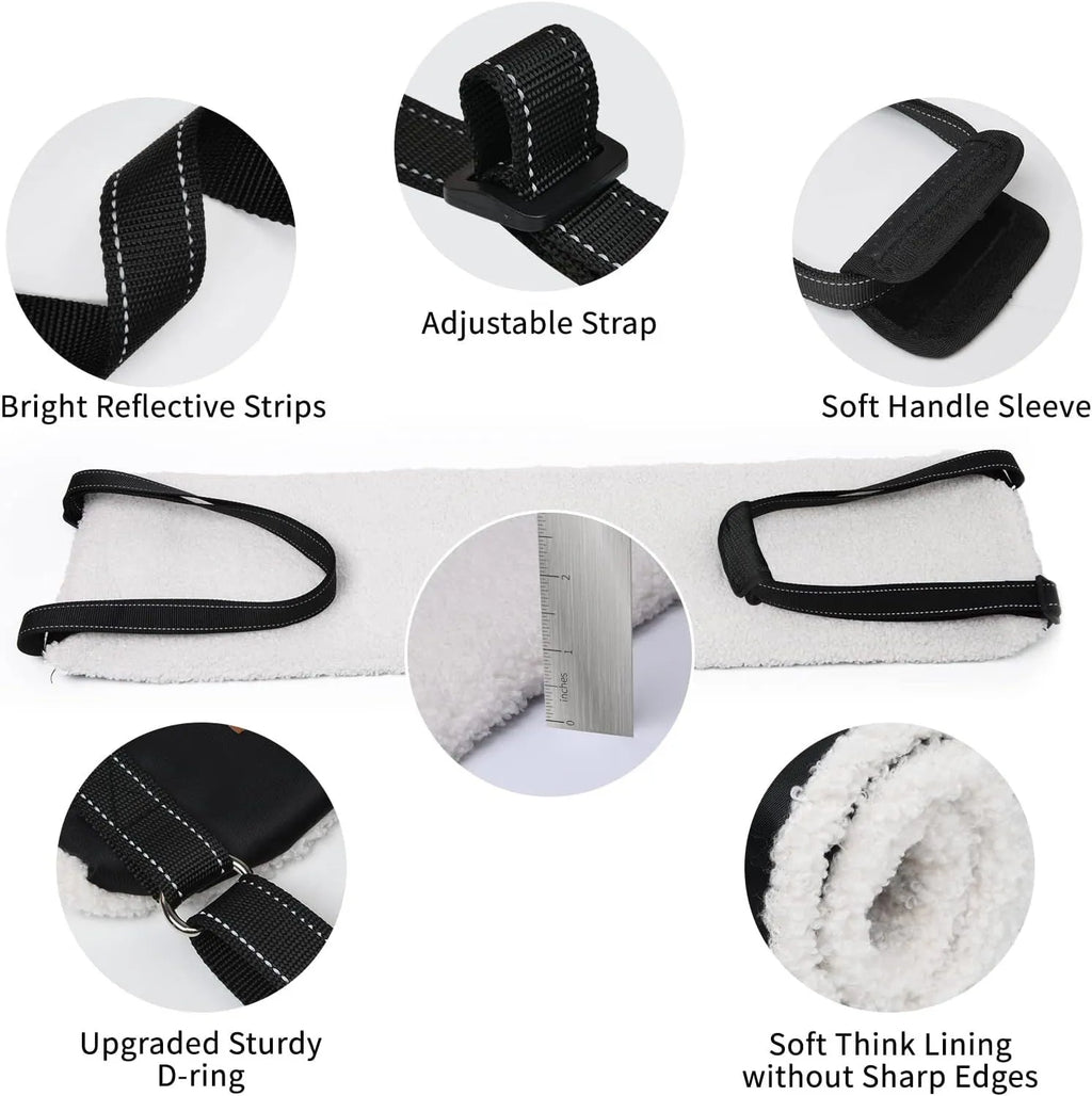 Portable dog sling supporting hind legs, with adjustable reflective straps and soft lining.