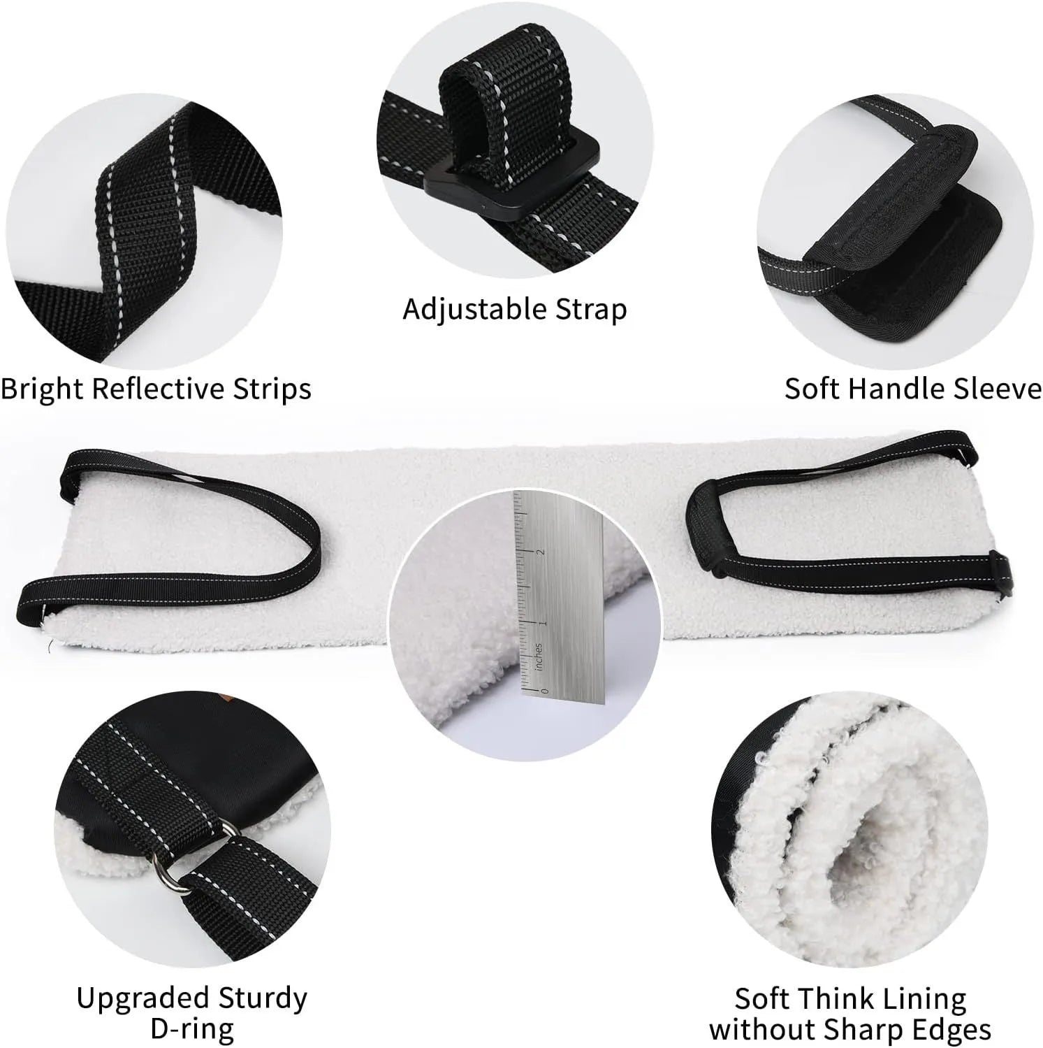 Portable dog sling supporting hind legs, with adjustable reflective straps and soft lining.