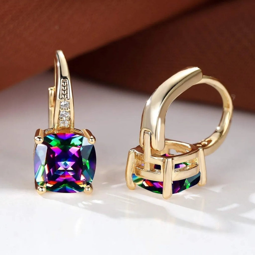 Geometric copper ear clip with colourful moissanite stones in quadrilateral pattern