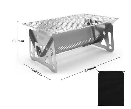 Folding stainless steel portable barbecue oven with large grill and storage bag.
