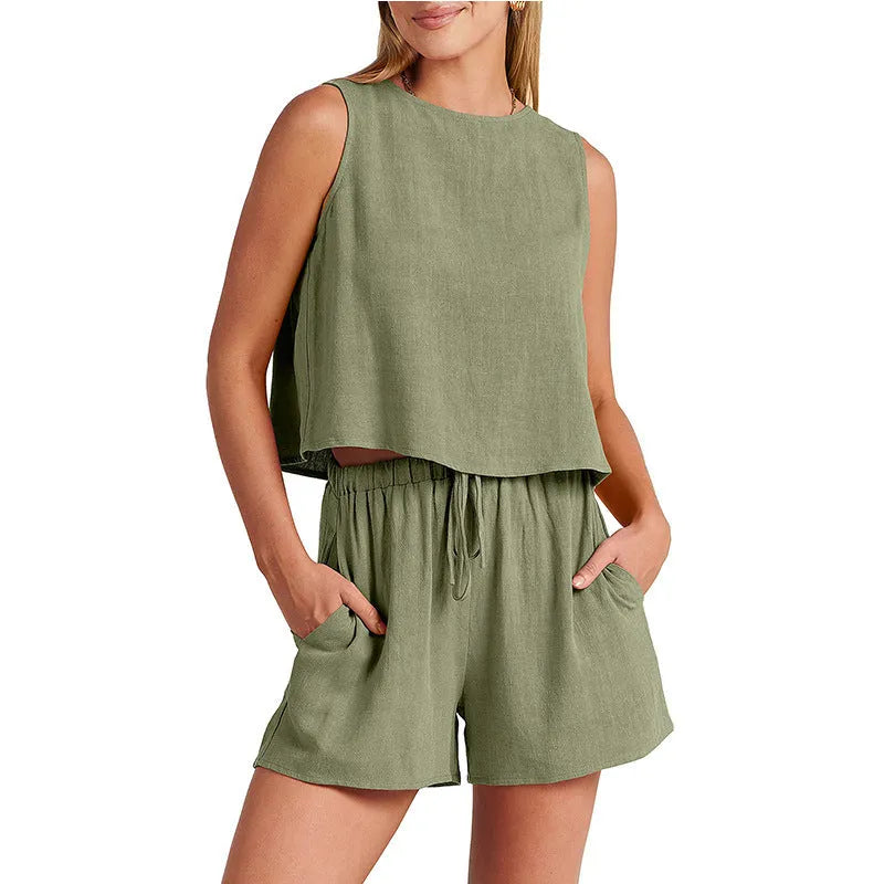 Women's two-piece summer set with sleeveless top and drawstring shorts in rayon linen blend available in multiple colours