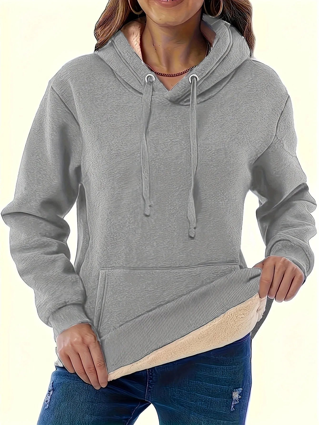 Women's thick grey hooded sweater with a raised 3D pattern, loose fit