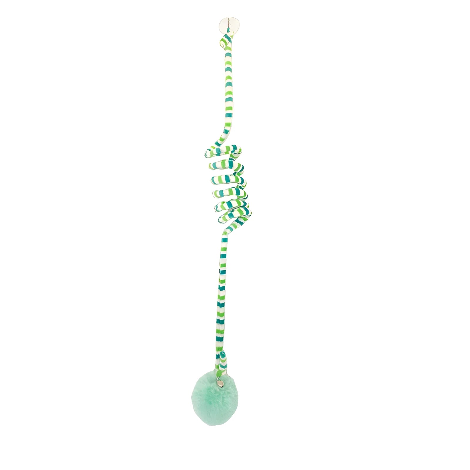 Kitten playing with hanging spring toy featuring inflatable ball and suction cup mount in various colours