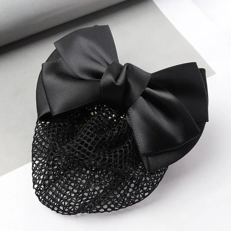 Professional waitress hair net with double bow clip in various colours including black, red, and blue mesh