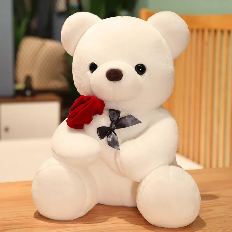 Rose bear plush stuffed animal doll in beige, brown or grey with cartoon design
