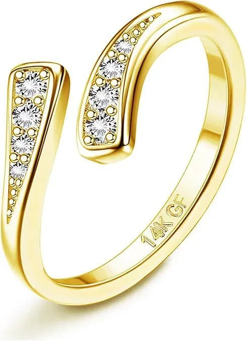 Geometric toe ring with 14K gold plating showing rhinestone and water drop design options