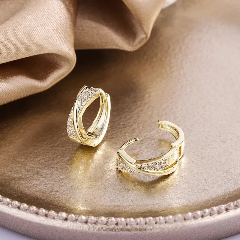 Geometric shape earrings with zircon detail in 14K yellow gold-tone finish