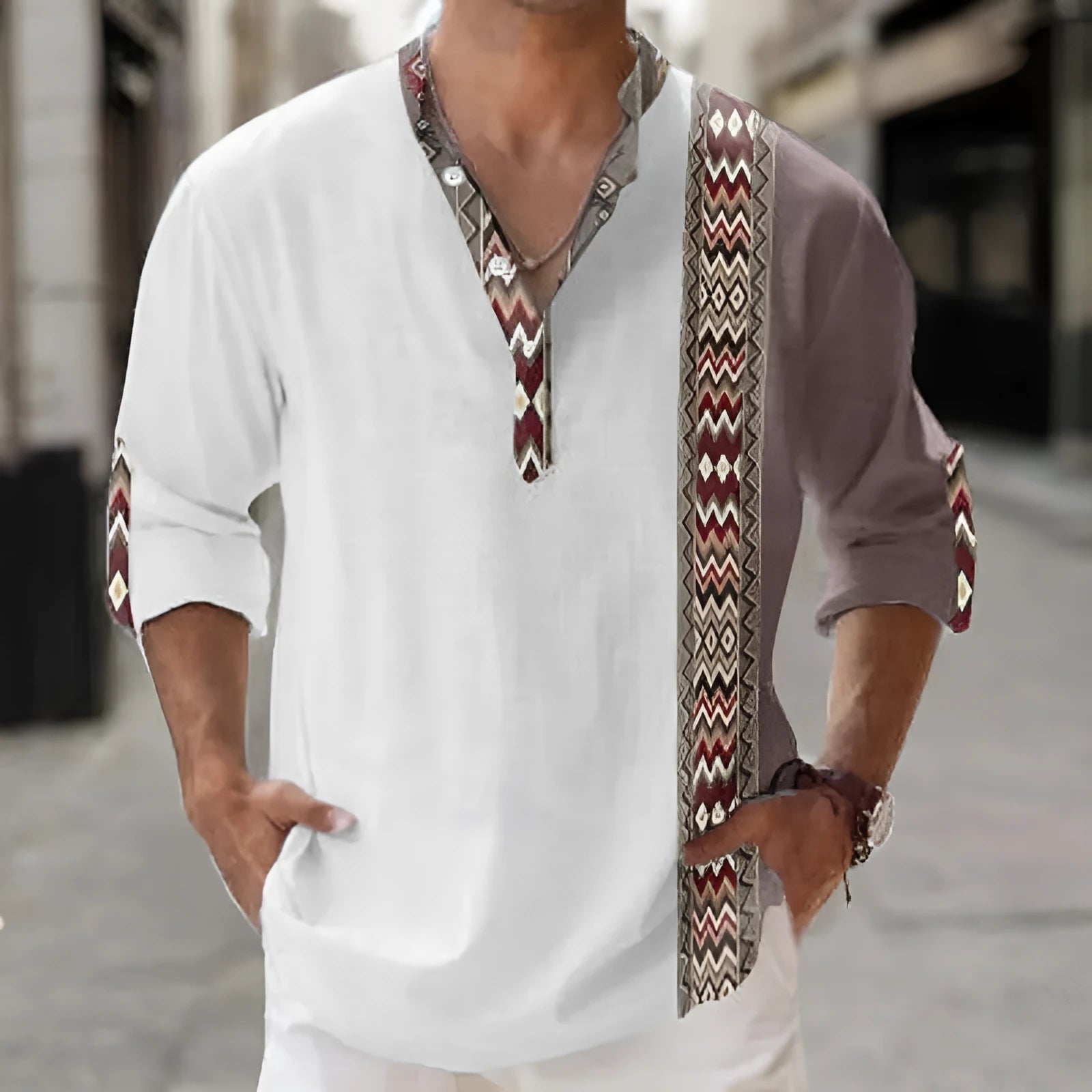 Thin striped Hawaiian long sleeve shirt in polyester fabric on a hanger