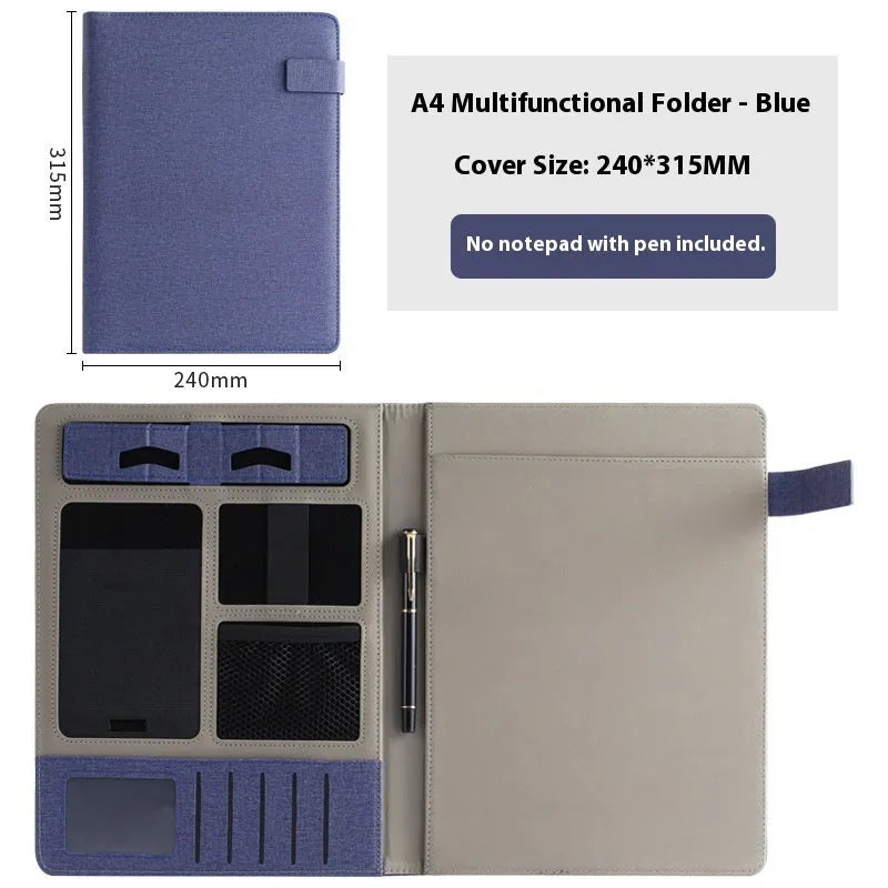 Black leather A4 business folder open to show document sleeve, pen loop, and notepad holder.