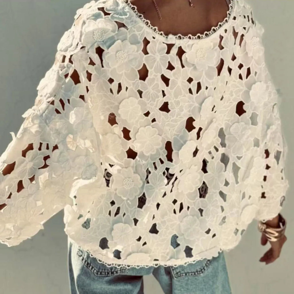 Loose V-neck cardigan with hollow lace sleeves and three-dimensional floral lace decoration in black