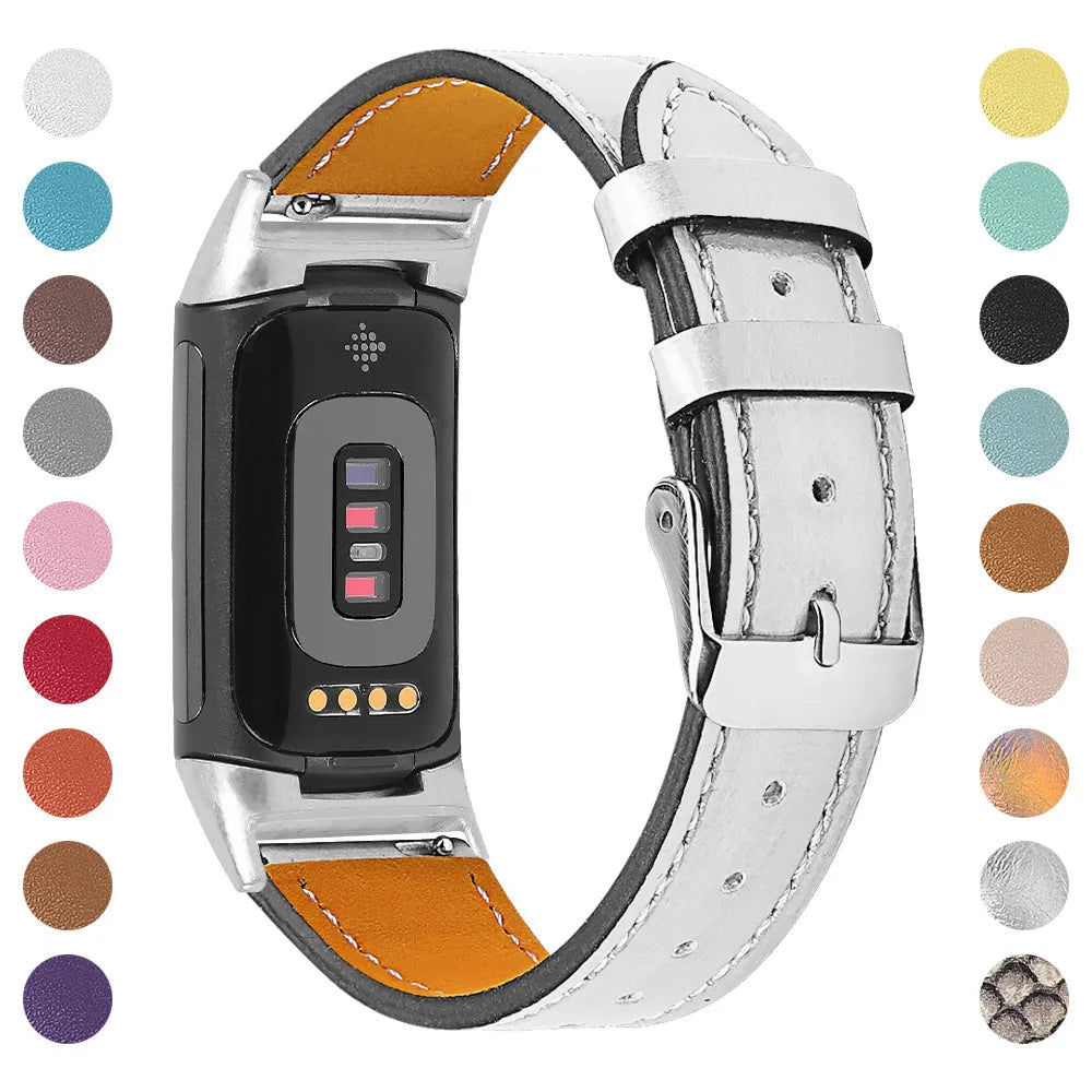 Genuine leather watch strap for Fitbit Charge 5 and Charge 6 fitness trackers on a wrist.
