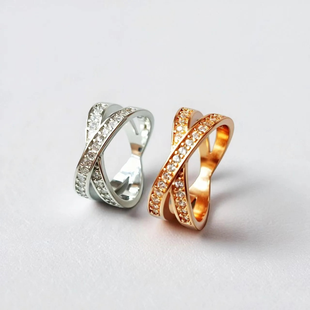 Copper cross ring with micro-inlaid zircon detailing in silver or rose gold electroplating