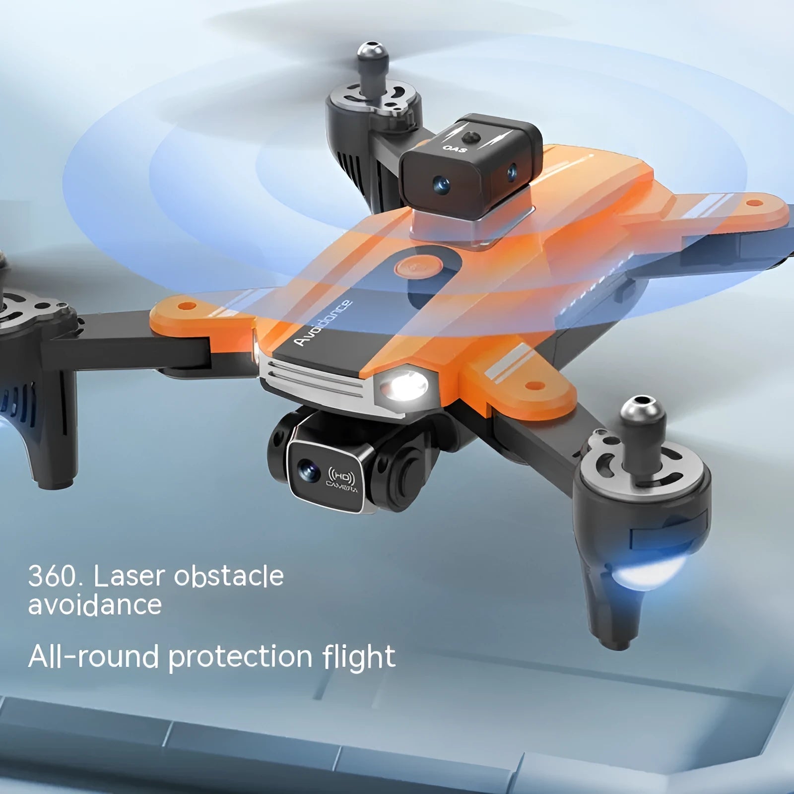 Orange quadcopter drone with four propellers and dual cameras showing obstacle avoidance sensors