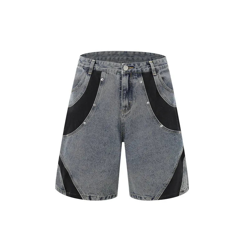 Retro washed denim short-sleeved jacket and full-length trousers suit set in black or blue
