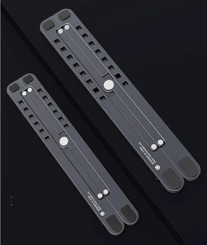 Aluminium laptop stand folded and unfolded showing adjustable height mechanism in silver finish