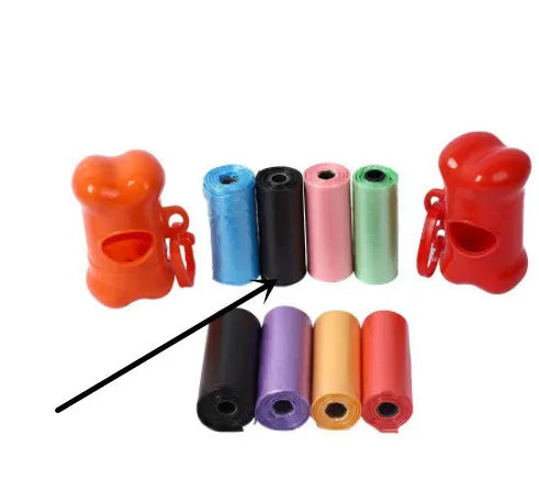 Pack of dog poop bags in six colours black blue green pink purple red sized 22.5x30cm for pet waste