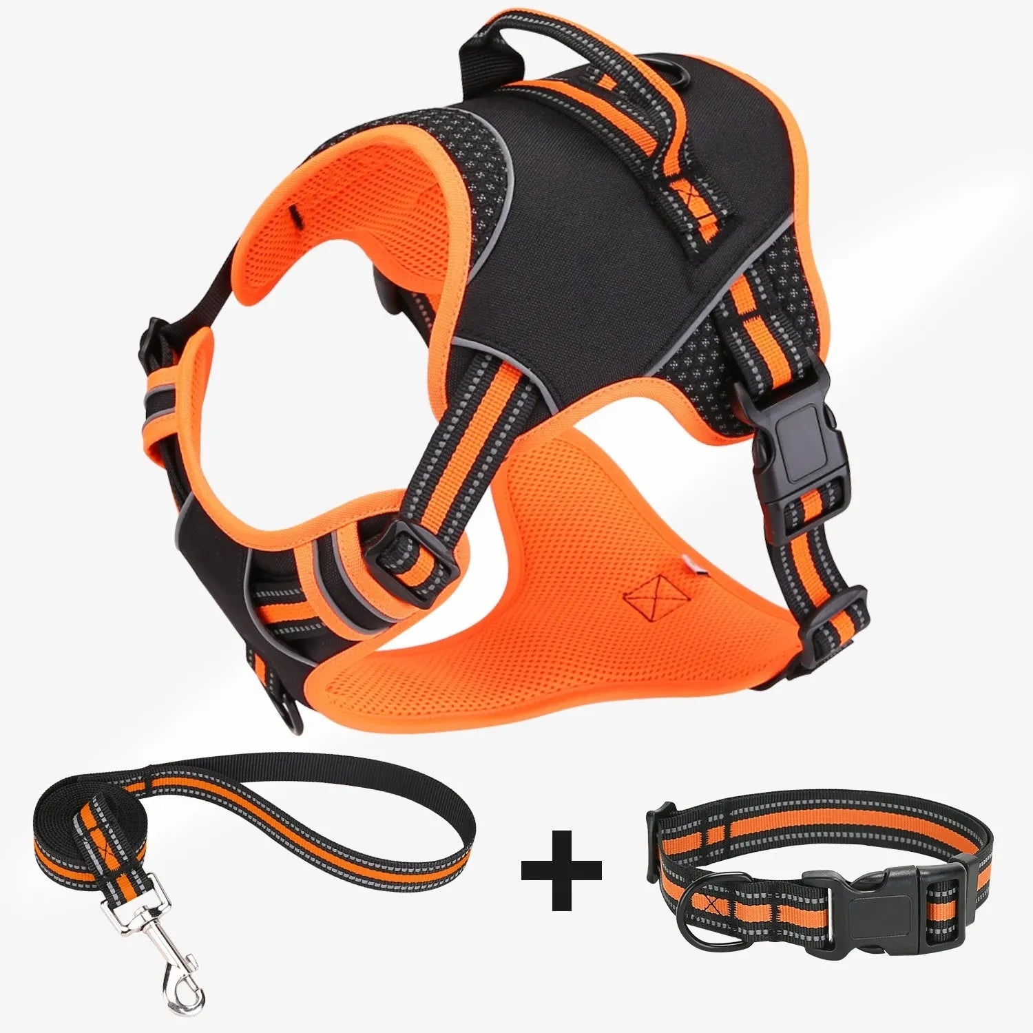 Yellow and orange polyester dog harness and leash set shown in small, medium, and large sizes.