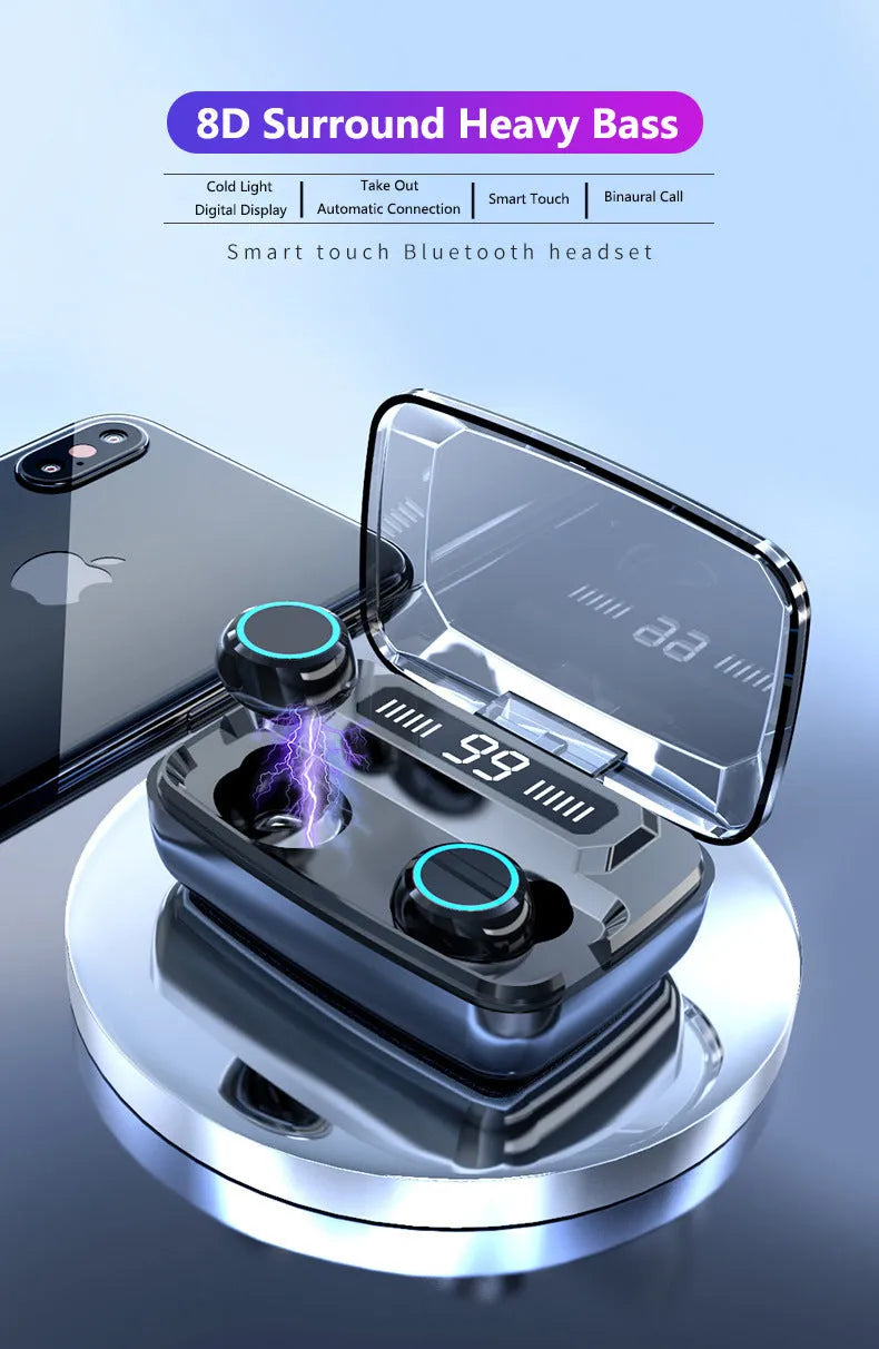 Black M11 style wireless Bluetooth headset with digital display, shown with its mobile phone holder and charging case.
