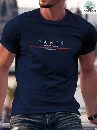 Man wearing a heavy loose-fit pure cotton T-shirt with a letter print on the chest in a casual setting.