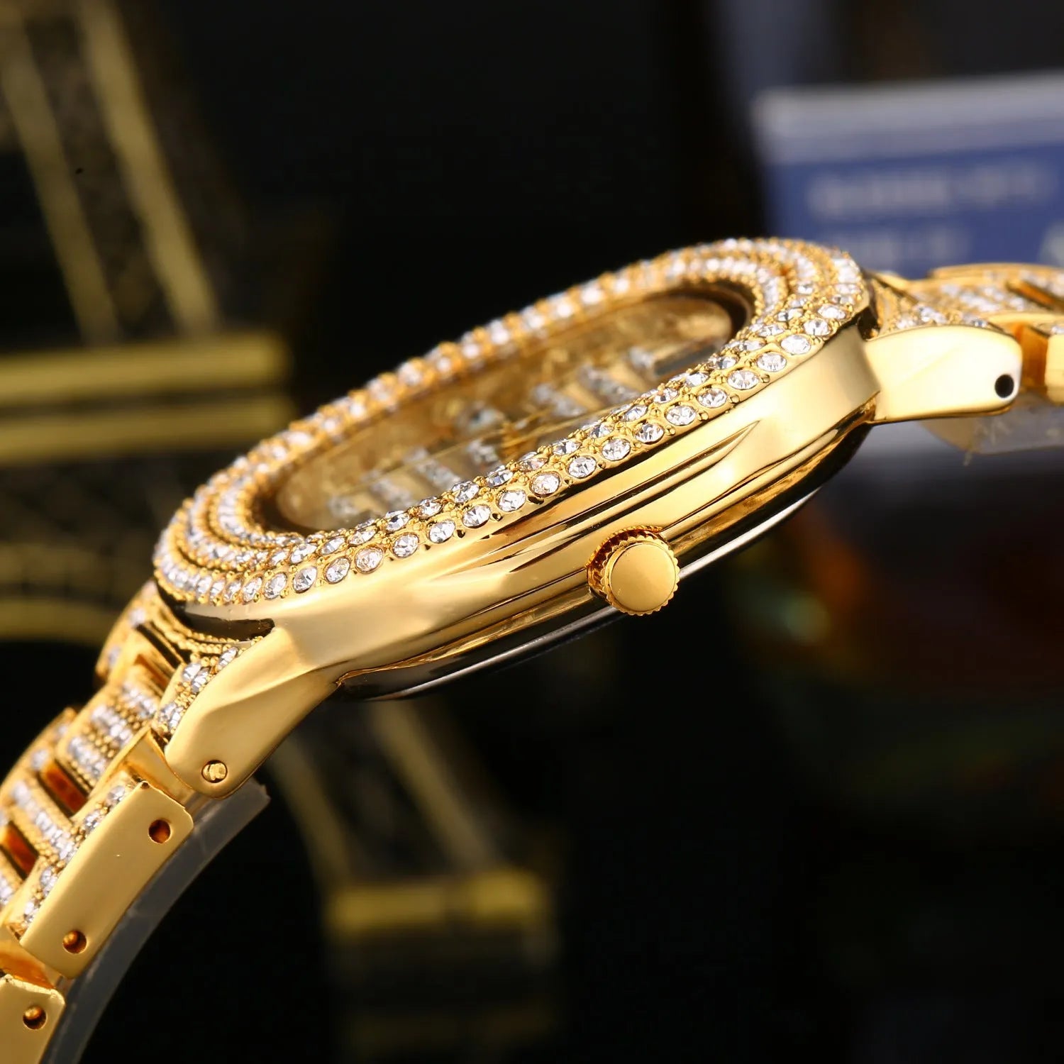 Fashion diamond watch with 37mm alloy strap dial and butterfly clasp on wrist