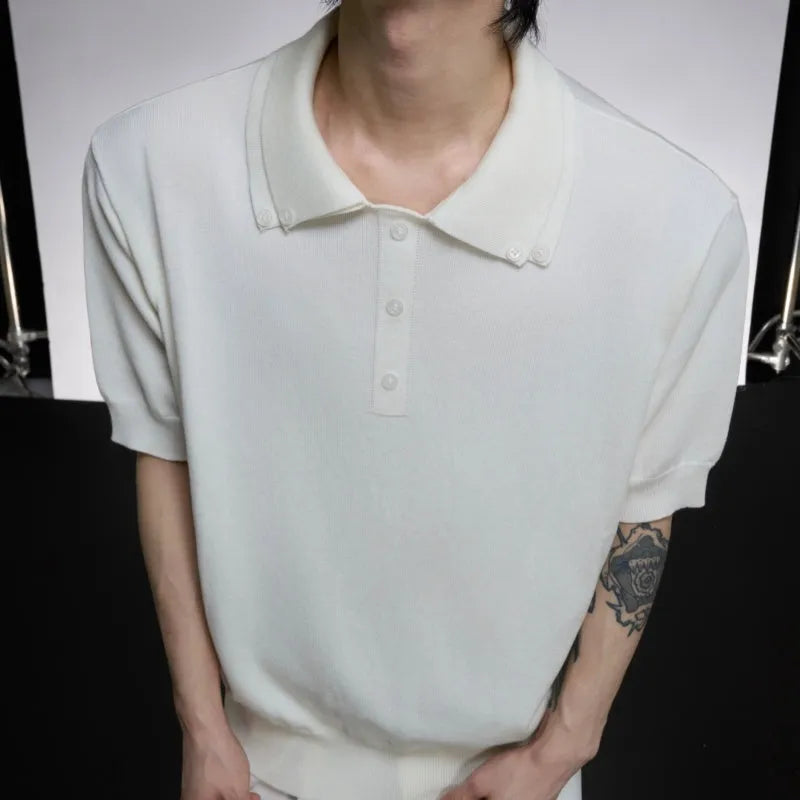 Men's loose fit short sleeve shirt with double lapel collar in polyester knit fabric