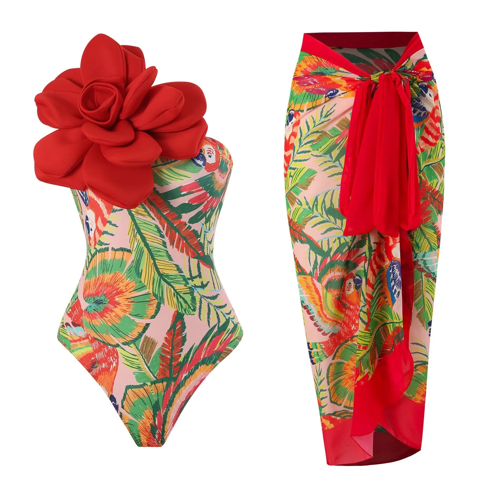 Women's one-piece swimsuit with matching printed gauze skirt set for swimming holidays